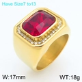 Men's hip-hop gold stainless steel ring featuring a large red rectangular gemstone - Size 7 / Square Geometric Style (KR114561-MZOZ) / Gold Red