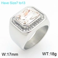 Men's hip hop stainless steel ring featuring a large rectangular faceted clear stone - Steel White