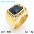 Men's hip hop stainless steel ring featuring a large black gemstone and crystal halo - Gold Black