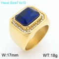 Gold stainless steel hip hop ring for men featuring a large blue rectangular gem - Gold Blue