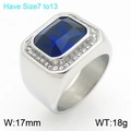 Men's stainless steel square ring with large blue gemstone and cubic zirconia accents - Blue & Silver