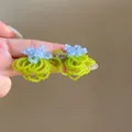 Close-up view of elegant handmade green and blue beaded flower cluster stud earrings. - Handmade Seed Bead Flower Studs (1#) / Green
