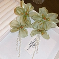 Detailed view of light green chiffon flower earrings with crystal tassels and seed beads. - Chiffon Flower Tassel Stud Earrings (12#) / Light Green