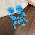 Detailed close-up of light blue chiffon flower earrings with delicate seed bead tassels. - Chiffon Flower Seed Bead Tassel Style (24#) / Blue