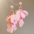 Elegant pink chiffon petal tassel earrings featuring delicate beads and silver needles - Chiffon Petal Long Tassel Style (45#) (Silver Earring Post) / Pink