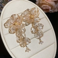 Elegant champagne chiffon floral tassel earrings with hypoallergenic silver needle studs - Chiffon-Look Floral Tassel Style (48#) (Silver Earring Post) / Gold-White