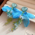 Blue chiffon bow earrings with green heart beads and floral fringe - Blue Chiffon Bow Heart Tassel Silver Earring Post (56#) / Blue Green