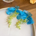 Handmade blue chiffon flower earrings with yellow beaded tassels and blue heart studs. - Blue Chiffon Flower Yellow Seed Bead Tassel Silver Earring Post (57#) / Blue Yellow and Green