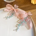 Elegant pink chiffon bow earrings with heart studs and beaded floral tassel details - Pink Bow Heart Beaded Tassel Silver Earring Post (59#) / Pink-Purple