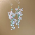 Handmade beaded flower tassel earrings with pink cat eye beads and silver hooks - Plant-Shaped Tassel Beaded Earrings (77#) / Blue-Pink