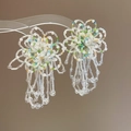 Exquisite handmade colorful beaded flower tassel earrings with shimmering clear glass beads - Beaded Woven Blooming Flower Tassel Earrings (79#) / White