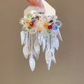 Handmade floral beaded earrings with translucent petal tassels and S925 silver needles - Colorful Seed Bead Handmade Flower Studs (80#) / White with Multicolored Stones