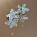 Elegant white mesh flower stud earrings with green beads and gold tassel crystal pendants. - Mesh Artificial Pearl Tassel Stud Earrings (81#) / White Green
