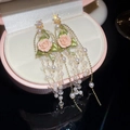 Handcrafted pink rose earrings with white pearls and long gold tassel chains for women - Rose Artificial Pearl Tassel Earrings (82#) / Pink and Green
