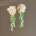 Elegant chiffon flower earrings with long beaded tassels in vibrant green and yellow - Chiffon Flower Seed Beads Tassel Earrings (83#) / Yellow Green