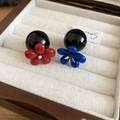 Unique asymmetrical flower stud earrings with large black beads in a wooden jewelry box - Silver Needle Style (55#)