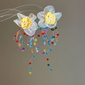 Close-up of yellow flower earrings with colorful cascading bead tassels for vacation - Chiffon Flower Colorful Tassel Earrings (84#) / Colorful