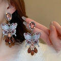 Sparkling pink rhinestone butterfly earrings with elegant teardrop tassels detail - Deep Red Butterfly (26#)