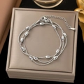 Three-layered silver snake chain bracelet with polished oval metal beads and lobster clasp - 15【e71】oval Bead Snake Chain Bracelet Steel Color