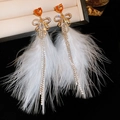 Elegant gold earrings with orange heart gemstones, white feathers, and rhinestone tassels - White (925 Sterling Silver Earring Post)