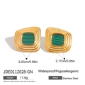 Golden stainless steel earrings with square green stone inlay and textured metal finish - Gold