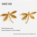 Detailed close-up of 18K gold plated dragonfly stud earrings made of stainless steel - Dragonfly Style (NXE100)