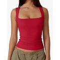 Women's slim fit square neck sleeveless tank top in vibrant red color for summer - Red