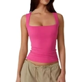 Women's slim fit square neck tank top in vibrant rose pink with wide shoulder straps - Rose Red