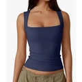 Women's slim fit square neck sleeveless tank top in navy blue color for casual wear - Navy Blue