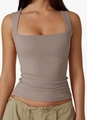 Women's slim fit square neck tank top in taupe brown with comfortable ribbed texture - Camel