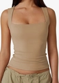 Women's slim fit khaki tank top with square neck design and wide shoulder straps - Khaki