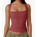 Slim fit square neck tank top for women in dark pink color with wide shoulder straps - Brick Red