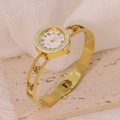 Elegant gold stainless steel bangle watch with crystal bezel and hollow crown pattern - Crown Hollow Style (B01748)