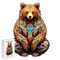 Brown bear shaped wooden puzzle with colorful artistic patterns in a premium white gift box - M / Paper Box