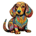 Rompecabezas de madera con forma de dachshund y patrones geométricos sobre fondo blanco - M / Estilo Perro Salchicha (H356) / Caja de papel