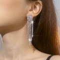 Luxury silver long tassel rhinestone drop earrings for elegant bridal party jewelry - Silver Disc Tassel Style (DTE1617019S)