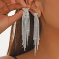 Elegant long silver tassel earrings with multiple rows of sparkling rhinestones - Silver Cross Knot Tassel Style (KE001W)