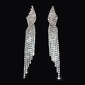 Elegant long silver tassel earrings with sparkling rhinestones for bridal weddings - Silver Geometric Flame Tassel Style (KE006S-W)
