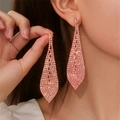 Orecchini lussuosi in oro rosa con lunghe frange di strass rosa per feste e spose - Stile Foglia Strass Rosa Oro Rosa (KE004OR)