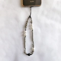 Phone strap with grey faceted beads, white faux pearls and black cord on white fabric - Gray