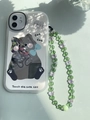 Mirror phone case featuring a cartoon cat design with green and purple beaded charm strap - Fresh Green and Purple Butterfly Style (SJ-A220012E)