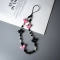 Pink and black resin heart beaded phone strap with white faux pearls and charms - Pink Heart Style (SJ-A210008D)