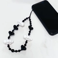 Beaded phone strap with black hearts and white clouds on marble background - Black And White Heart Cloud Style (SZ-A230006E)