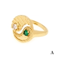 Gold open ring featuring striped disc with white zircon and green crystal crescent - Adjustable Open / Gold - Green Zirconia
