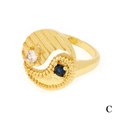 Golden Yin Yang ring with blue gem and white zircon in a ball-beaded vintage style - Adjustable Open / Gold-Blue Zirconia