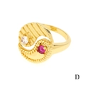 Gold-plated yin yang ring with white zircon and deep red gemstone in vintage style - Adjustable Open / Gold-Red Zirconia