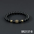 Polished black onyx beaded bracelet with gold pave zircon ball and small metal beads - Polished Black Beads With Three Gold Elements Style (BR2137-B)