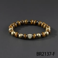 Tiger eye beaded bracelet with gold cubic zirconia charm and metallic accents - Tiger Eye Stone With Pave Zirconia Cube Style (BR2137-F)