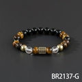 Tiger eye and black agate beaded bracelet with gold micro-pave zircon crown charm - Mixed Material With Pave Square Element Style (BR2137-G)