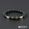 Matte black volcanic stone beaded bracelet with golden accents and crystal beads - Lava Stone With Clear Crystal Combo Style (BR2137-I)